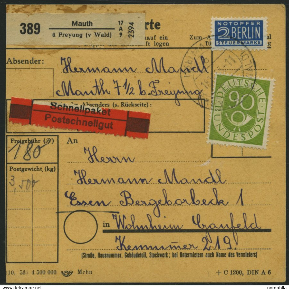 BUNDESREPUBLIK 138 BRIEF, 1953, 90 Pf. Posthorn, 2x Als Mehrfachfrankatur Auf Schnell-Paketkarte Aus MAUTH, Ein Marke Bu - Briefe U. Dokumente
