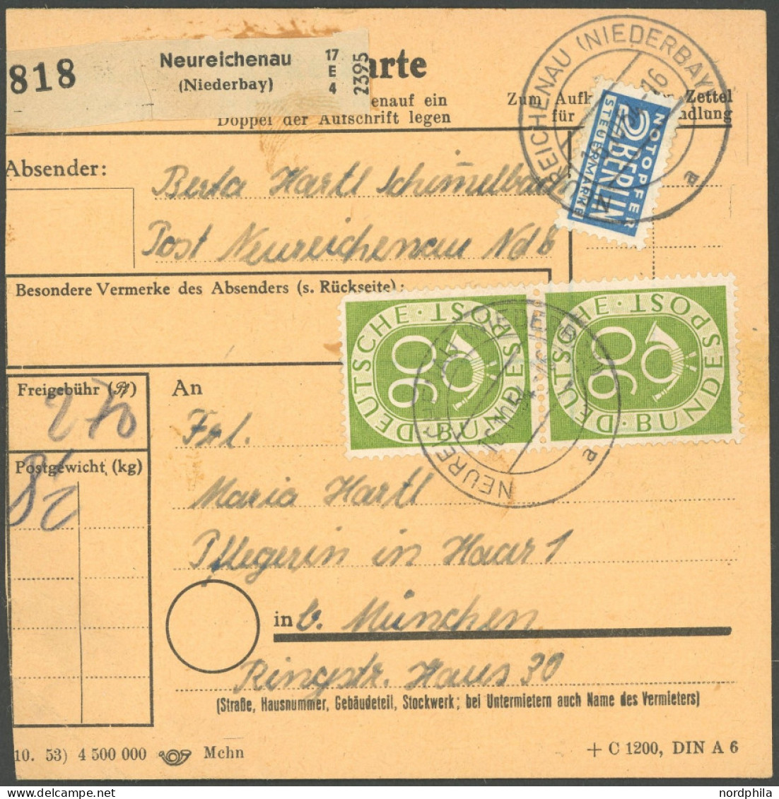 BUNDESREPUBLIK 138 BRIEF, 1954, 90 Pf. Posthorn, 3x Als Mehrfachfrankatur Auf Paketkarte Aus NEUREICHENAU, Feinst (1 Wer - Andere & Zonder Classificatie