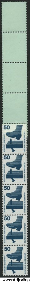 ROLLENMARKEN 700AR , 1971, 50 Pf. Unfallverhütung, RE 5+4 Lf, Schwarze Zähl-Nummer, Helltürkis, üblich Gezähnt Pracht, M - Roller Precancels