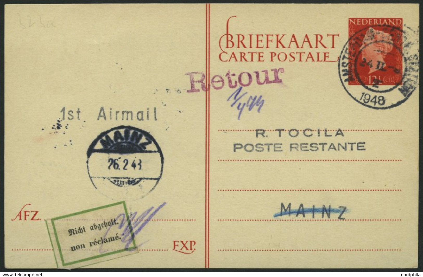 ERST-UND ERÖFFNUNGSFLÜGE 24.2.48, Amsterdam-Mainz, Niederländische Ganzsachenkarte, Pracht, RR! - Airmail