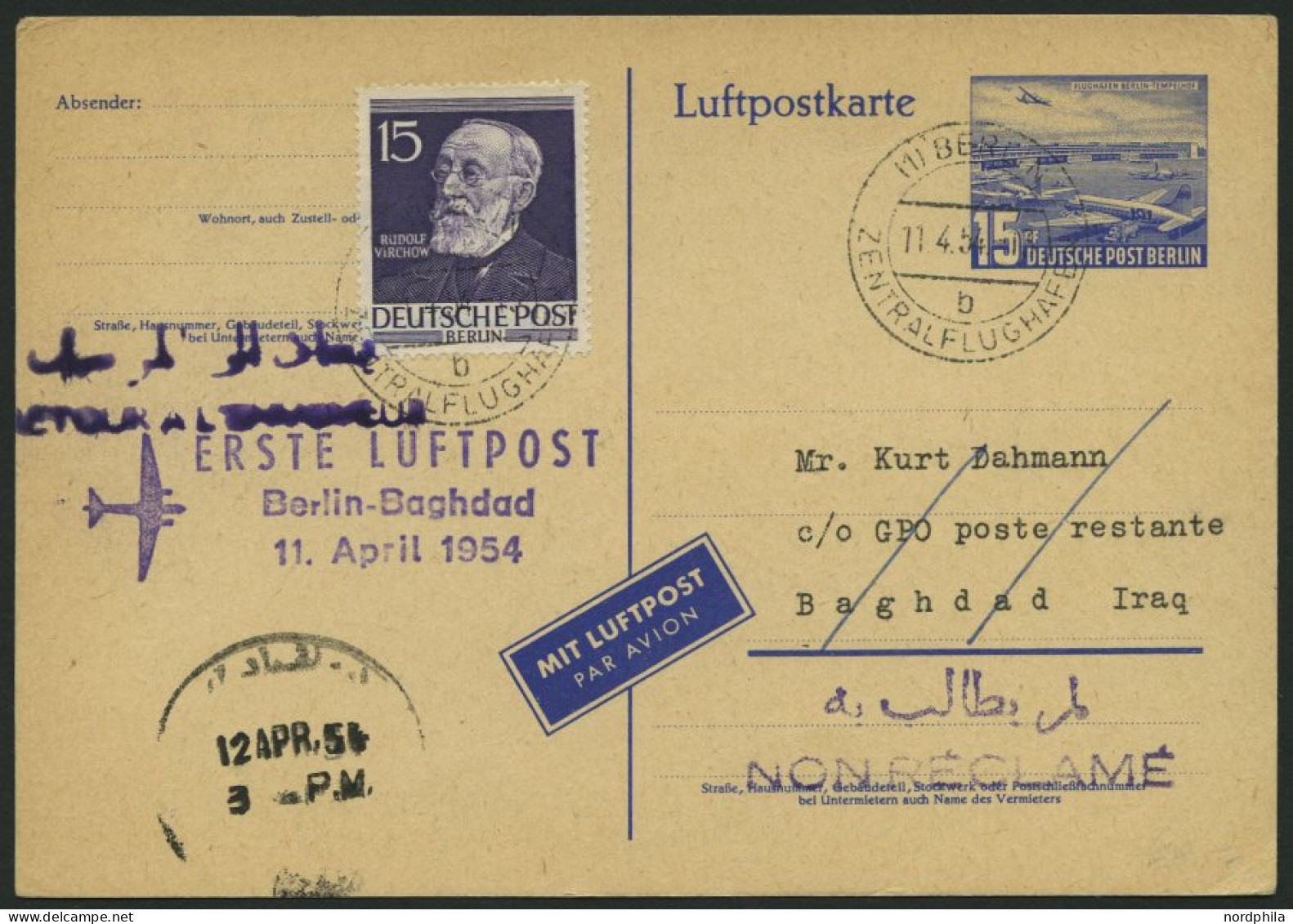 ERST-UND ERÖFFNUNGSFLÜGE 2470A BRIEF, 11.4.54, Berlin-Baghdad, Prachtkarte - Briefe U. Dokumente