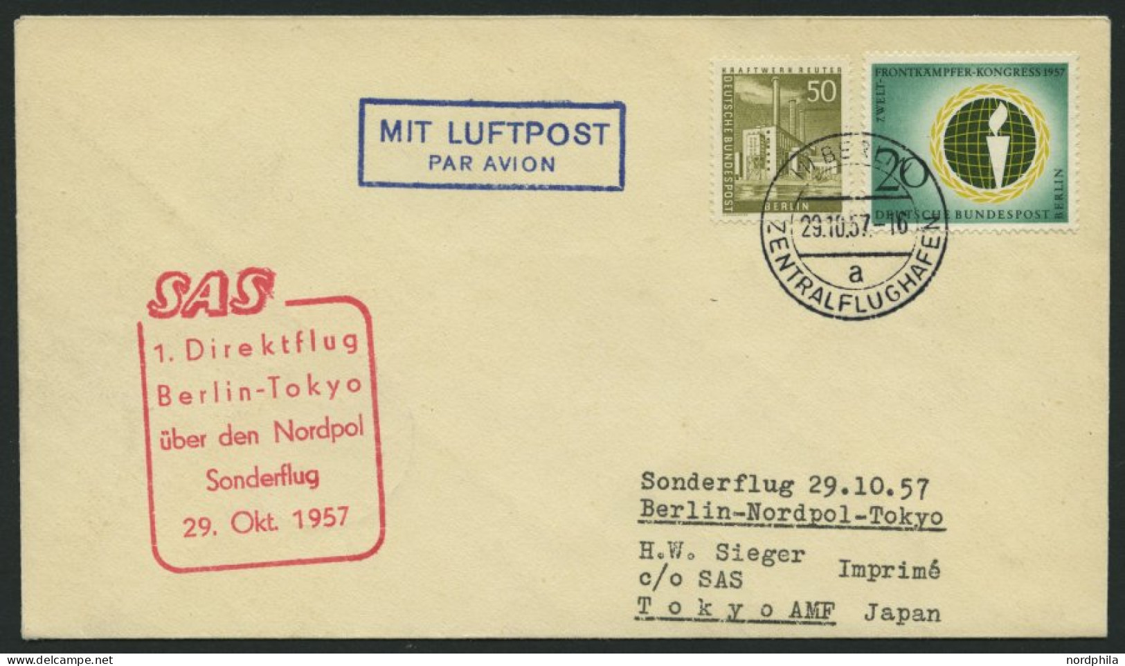 ERST-UND ERÖFFNUNGSFLÜGE 29.10.57, Berlin-Tokyo, 1. Direktflug über Den Nordpol, Prachtbrief - Lettres & Documents