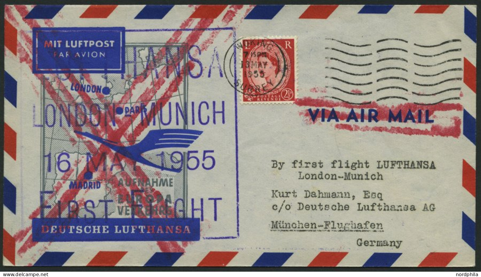 DEUTSCHE LUFTHANSA 29 BRIEF, 16.5.1955, London-München, Ohne Ankunftsstempel, Prachtbrief - Brieven En Documenten