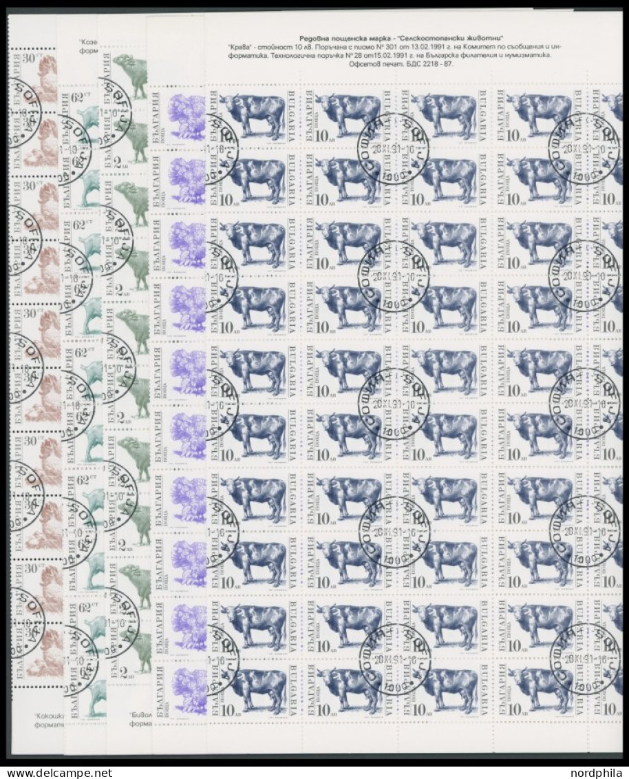 BULGARIEN 3881-84,3885 O, 1991, Haustiere, Je Im Bogen (100) Mit Zentrischen Stempeln, 2x Gefaltet, Pracht, Mi. 450.- - Sonstige & Ohne Zuordnung