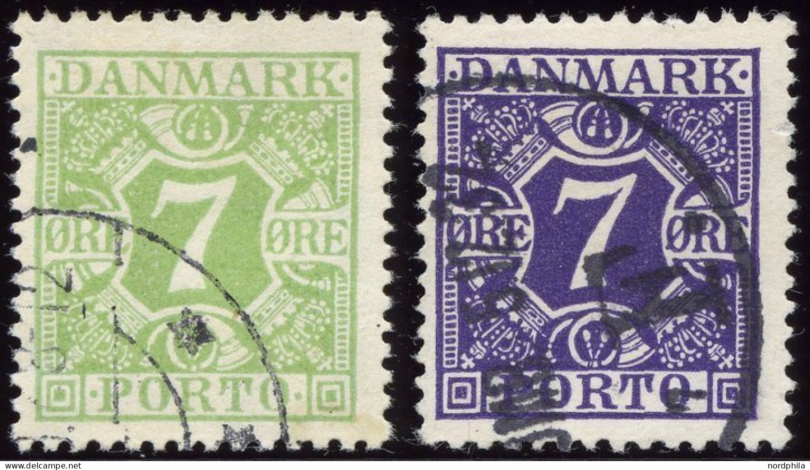 PORTOMARKEN P 12,21 O, 1927/30, 7 Ø Gelbgrün Und Bläulichviolett, 2 Prachtwerte, Mi. 64.- - Autres & Non Classés