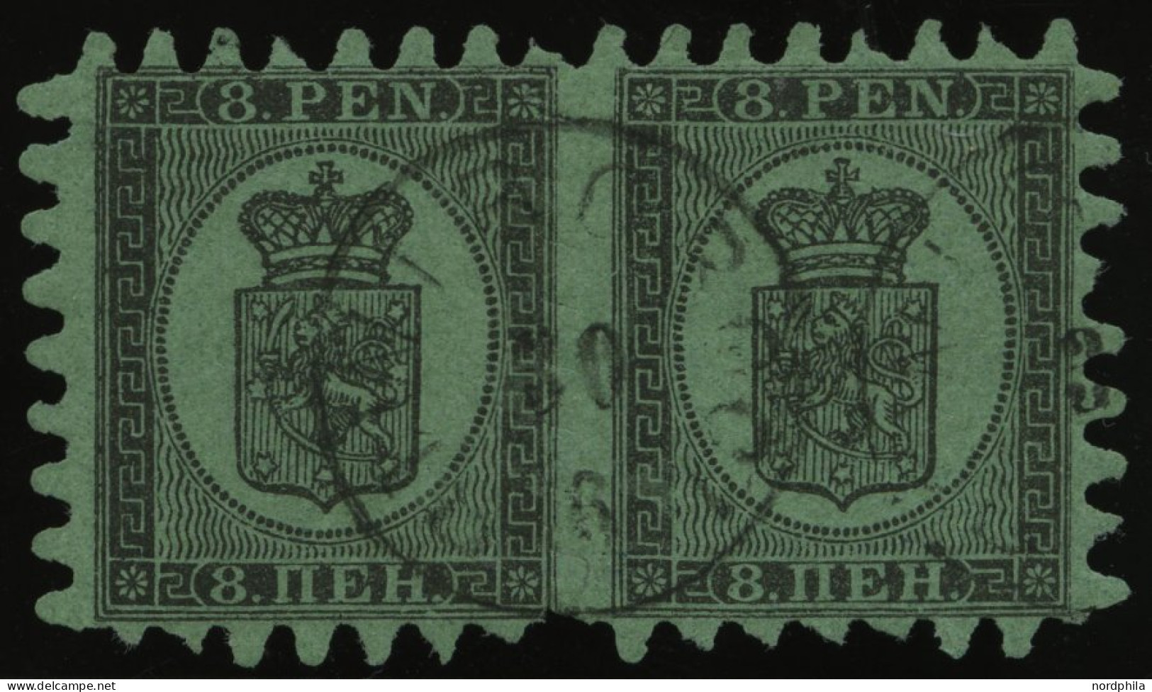 FINNLAND 6Bx Paar O, 1866, 8 P. Schwarz Auf Grün Im Waagerechten Paar Mit K1 WIBORG, Einige Zungen Etwas Verkürzt Sonst  - Sonstige & Ohne Zuordnung