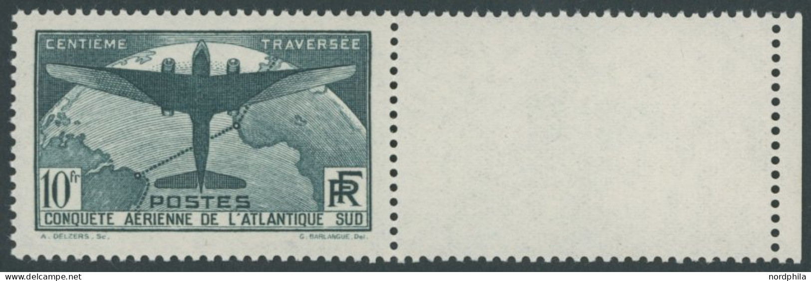 FRANKREICH 327 , 1936, 10 Fr. Ozeanüberquerung Mit Rechtem Leerfeld, Pracht - Sonstige & Ohne Zuordnung