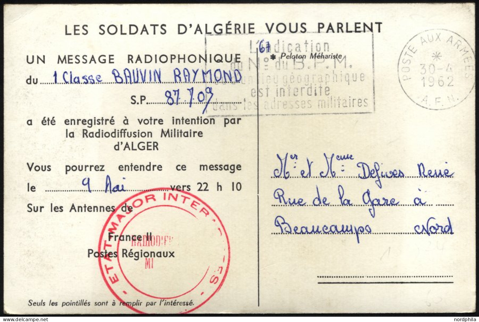 FRANKREICH FELDPOST 1962, Seltene Feldpost-Radiokarte, In Der Mitgeteilt Wird, Daß Die Grüße Am 9. Mai 1961 Gegen 22.10  - Oorlog In Algerije