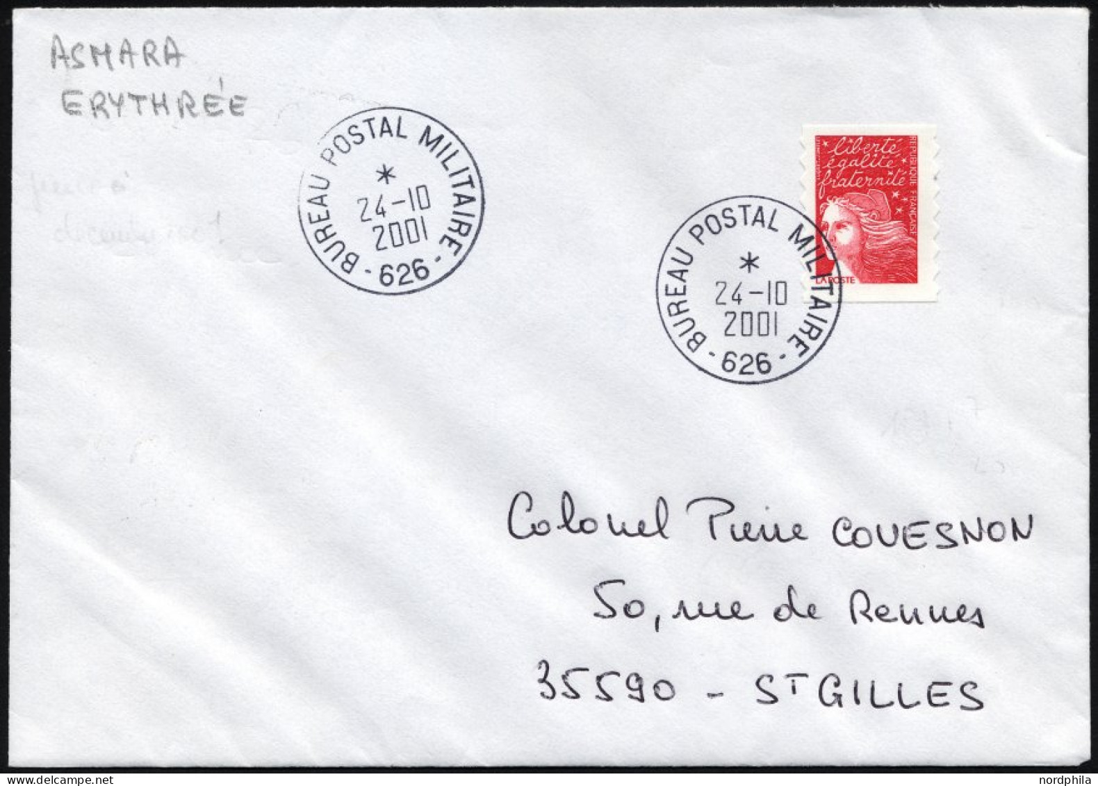 FRANKREICH FELDPOST 3558 BRIEF, 2001, Marianne Dunkelrosa Mit K1 BUREAU POSTAL MILITAIRE 626 Aus Asmara In Eritrea, Prac - Militärstempel Ab 1900 (ausser Kriegszeiten)