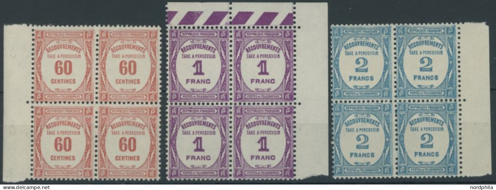 PORTOMARKEN P 59-61 VB , 1927, 60 C. - 2 Fr. In Randviererblocks, Postfrisch, Pracht, Mi. 608.- - Autres & Non Classés