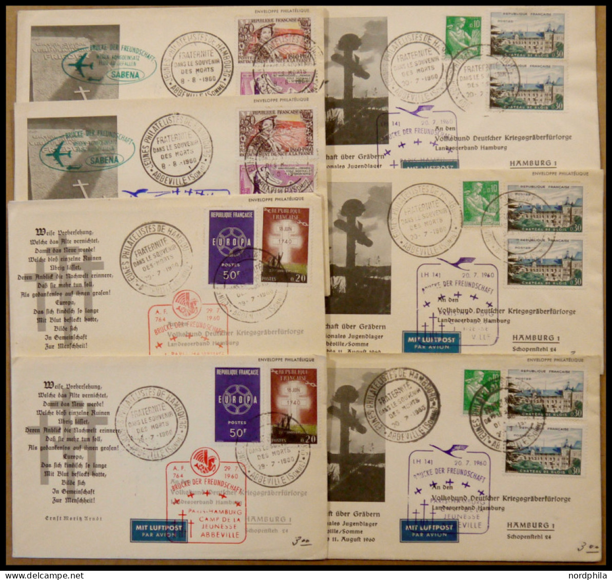 LOTS 1960, 7 Luftpostbelege Brücke Der Freundschaft An Die Deutsche Kriegsgräberfürsorge (3 Verschiedene Sorten), Pracht - Andere & Zonder Classificatie