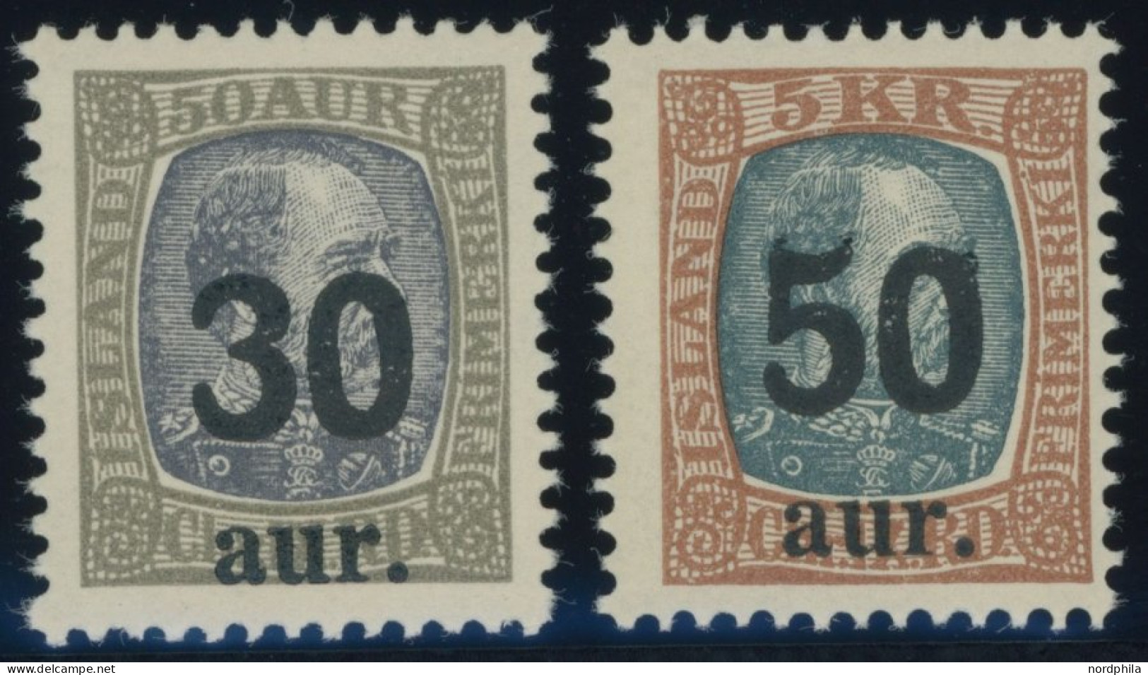 ISLAND 112/3 , 1925, 30 A. Auf 50 A. Und 50 A. Auf 5 Kr., Falzrest, 2 Prachtwerte - Autres & Non Classés