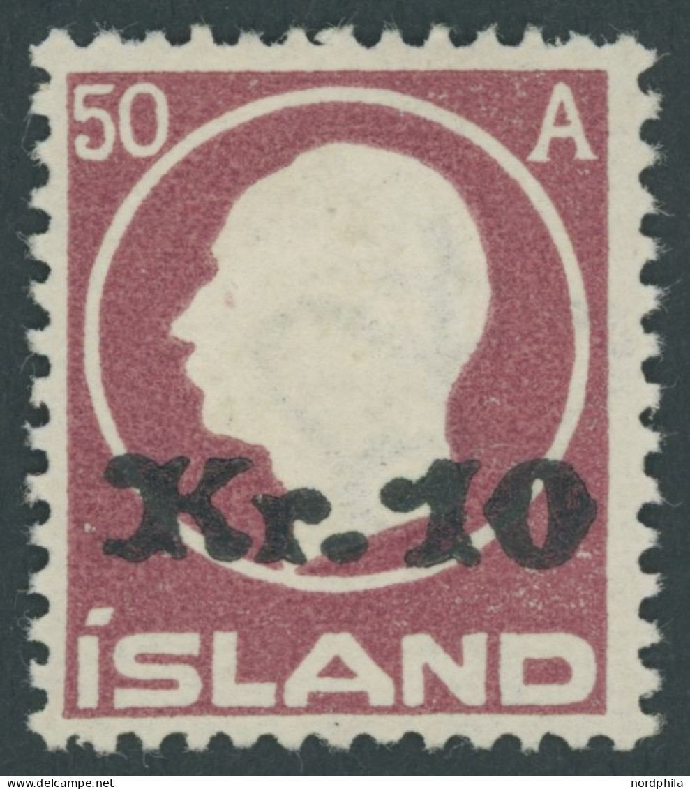 ISLAND 120 , 1925, 10 Kr. Auf 50 A. Lilarot, Falzrest, Pracht - Autres & Non Classés