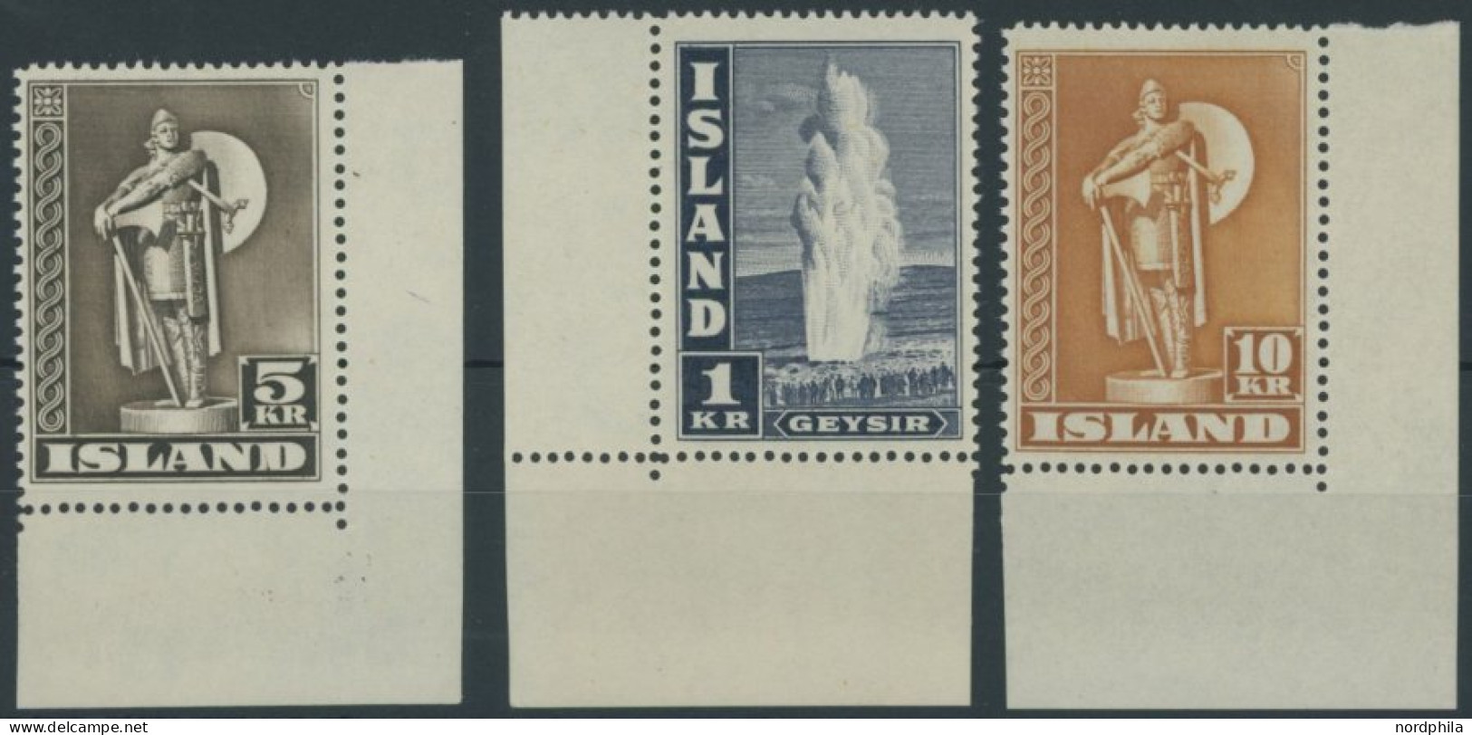 ISLAND 230,239/40A , 1943/5, 5, 1 Und 10 Kr., Gezähnt K 14, Je Aus Der Unteren Bogenecke, Postfrisch, 3 Prachtwerte, Mi. - Sonstige & Ohne Zuordnung