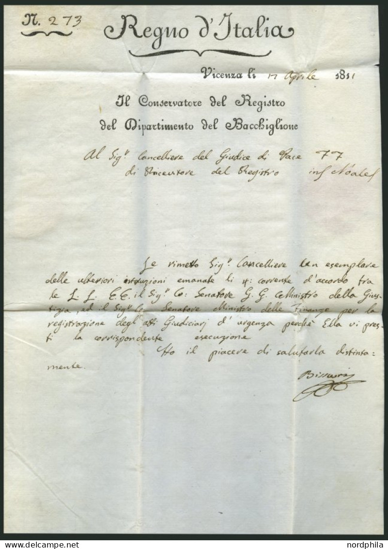 VORPHILA 1811, VICENZA (Segmentstempel) Und K3 IL CONSERVATOR DEL REGISTRO DIPARTIM. BACCHCIGL Und PP Auf Brief Mit Inha - 1. ...-1850 Prefilatelia