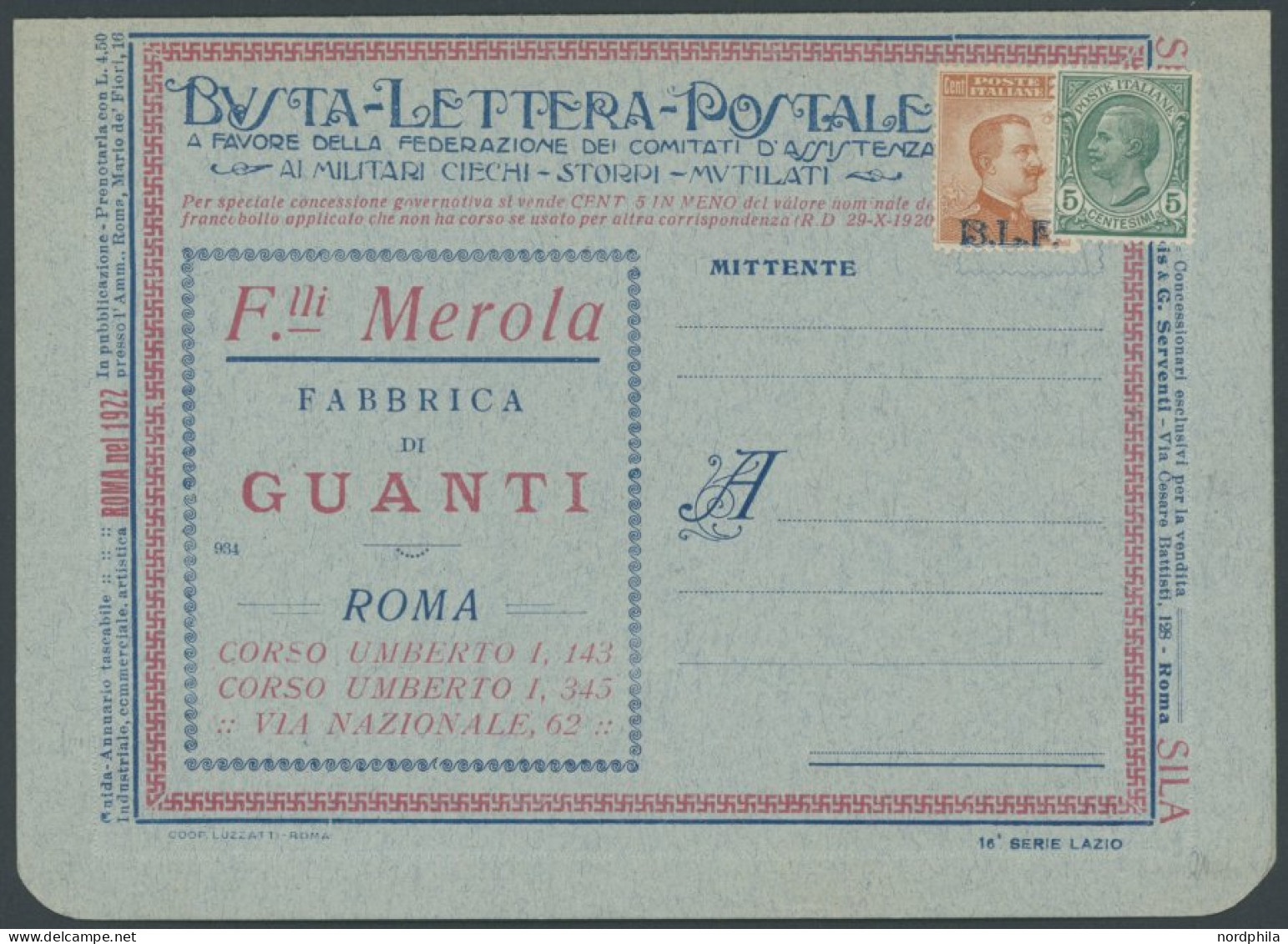 ITALIEN B 129IIa BRIEF, 1922, 20 C. Braunorange, Type II, Mit Blauem Aufdruck B.L.P. Und 5 C. Beifrankatur Auf Ungebrauc - Non Classés