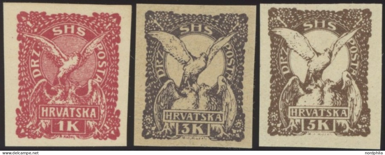 JUGOSLAWIEN 95-97U , , 1919, 1 - 5 Kr. Falke, Ungezähnt, 1 Und 3 Kr. Ohne Gummi, 5 Kr. Postfrisch (senkrechter Bug), 3 P - Andere & Zonder Classificatie