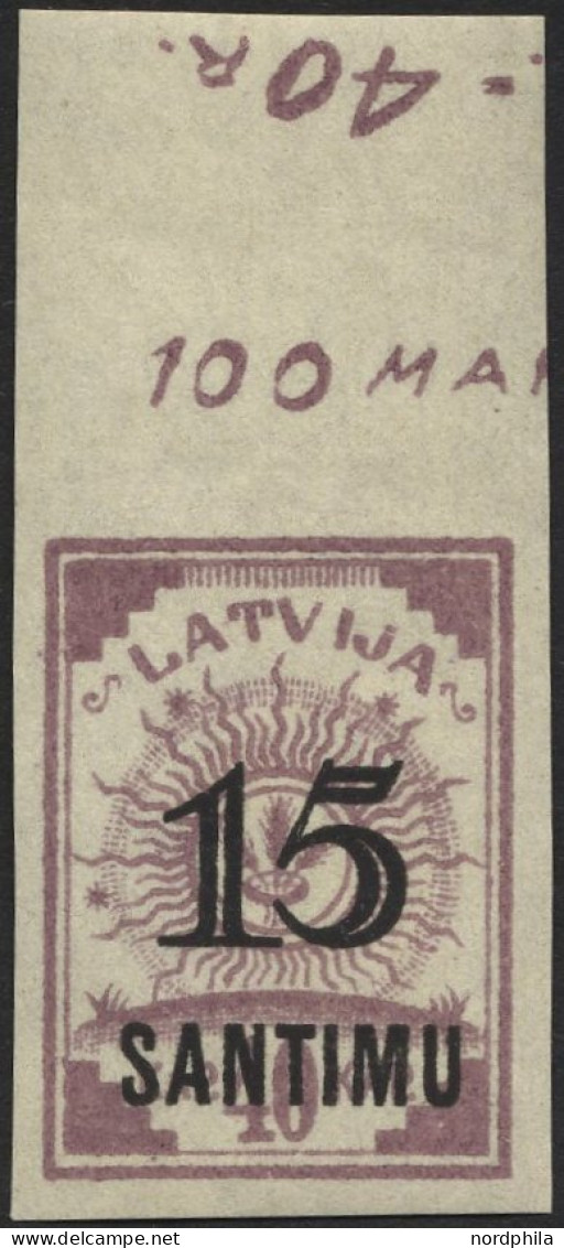 LETTLAND 114U , 1927, 15 S. Auf 40 K. Lila, Ungezähnt, Oberrandstück, Pracht, RR! - Latvia