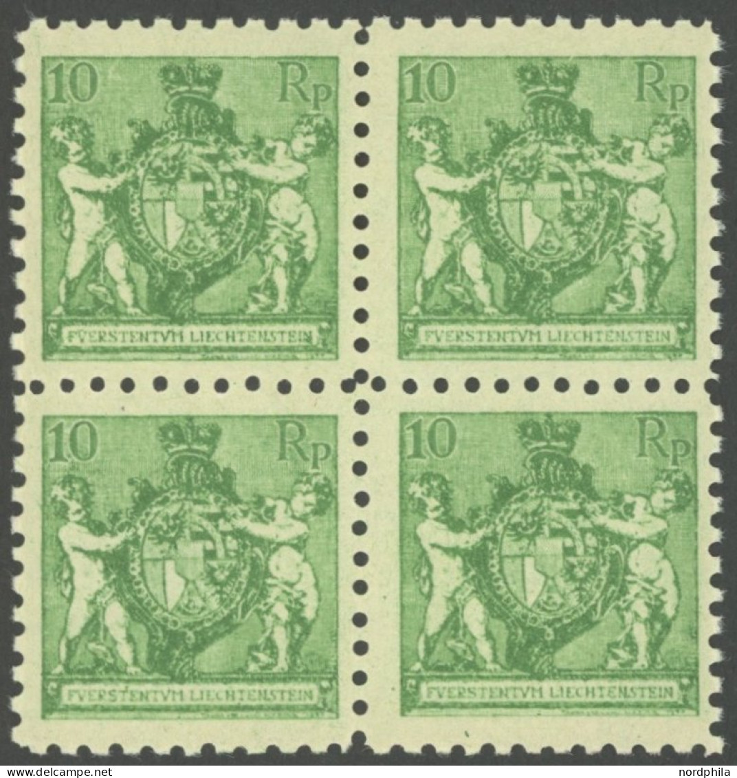 LIECHTENSTEIN 50A VB , 1921, 10 Rp. Dunkelgelblichgrün, Gezähnt L 91/2, Im Viererblock, Postfrisch, Pracht, Mi. (340.-) - Other & Unclassified