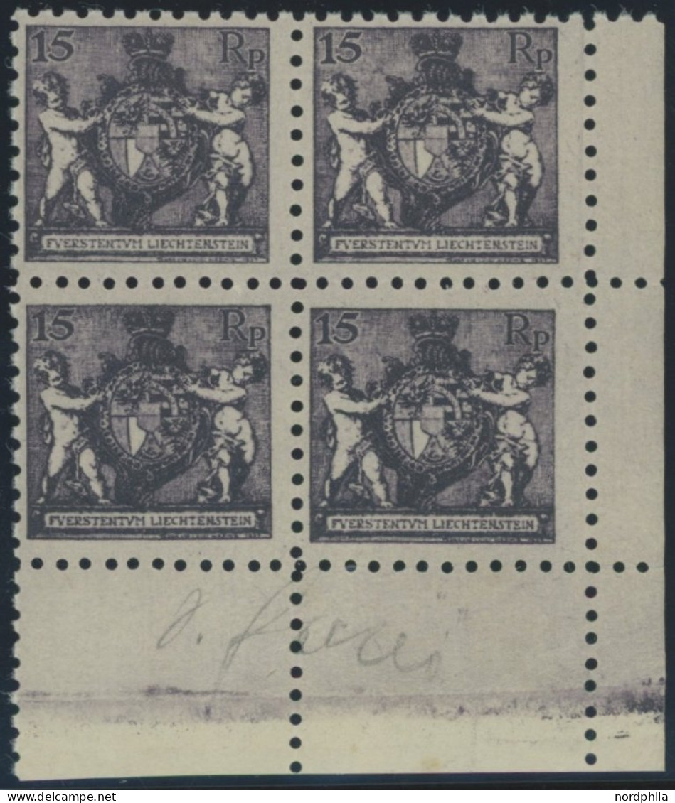 LIECHTENSTEIN 52A VB , 1921, 15 Rp. Schwarzgrauviolett, Gezähnt L 91/2, Im Viererblock Aus Der Rechten Unteren Bogenecke - Andere & Zonder Classificatie