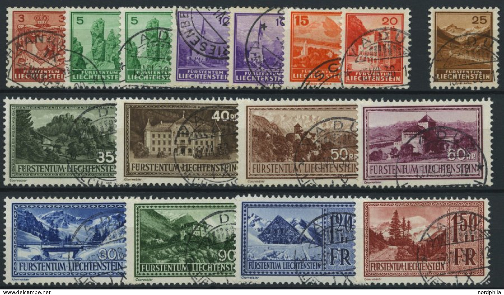 LIECHTENSTEIN 126-39x,y O, 1934, Landeswappen, Landschaften Und Gebäude, Prachtsatz (16 Werte), Mi. 281.- - Other & Unclassified