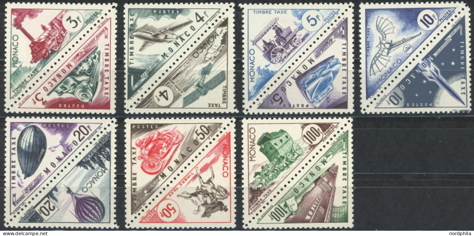 PORTOMARKEN P 44-57 , 1953, 3 Fr. - 100 Fr. Verkehrsmittel, 7 Paare, Postfrisch, Pracht, Mi. 180.- - Taxe