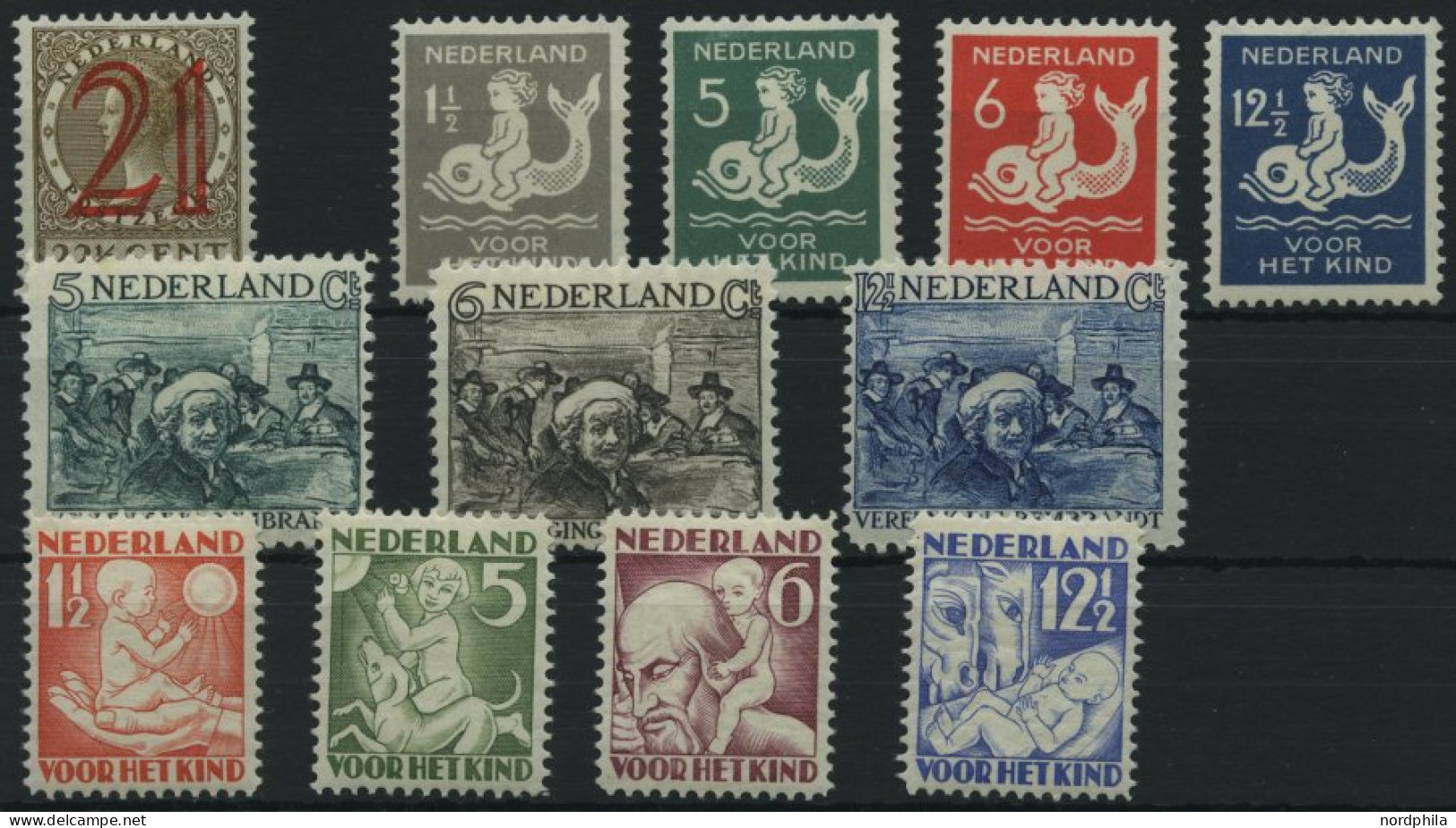 NIEDERLANDE 228-39A , 1929-30, Königin Wilhelmina, Rembrandt, Voor Het Kind, Falzrest, 12 Prachtwerte - Andere & Zonder Classificatie