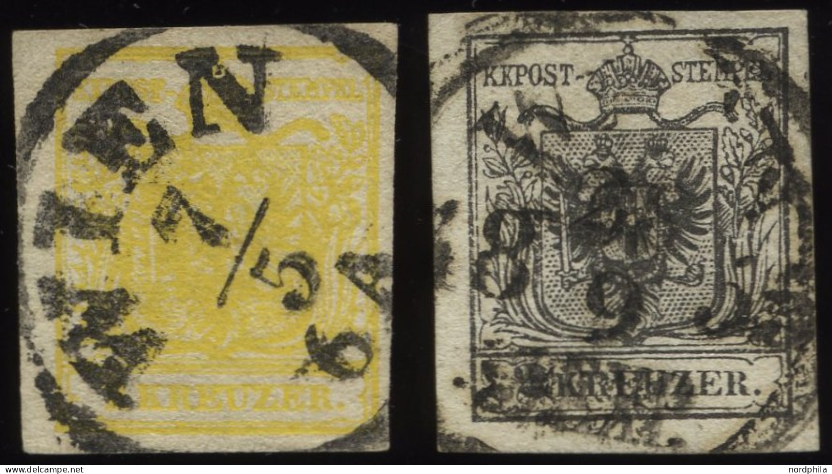 ÖSTERREICH 1,2Ya O, 1854, 1 Kr. Gelb Und 2 Kr. Schwarz, Maschinenpapier, 2 Prachtwerte, Mi. 200.- - Oblitérés