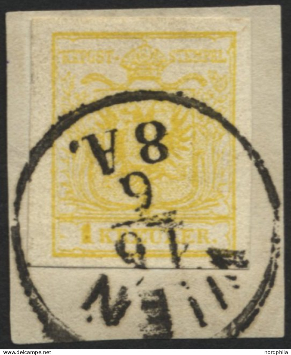 ÖSTERREICH 1Ya BrfStk, 1854, 1 Kr. Gelb, Maschinenpapier, Breitrandiges Kabinettstück Auf Briefstück, Marke Zur Kontroll - Oblitérés