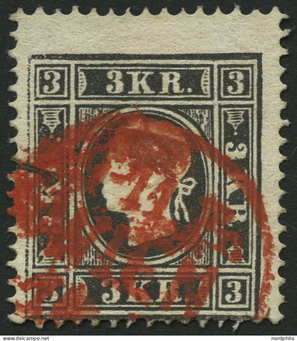 ÖSTERREICH O, 1859, 3 Kr. Schwarz, Type II, Roter K1 WIEN, Etwas Dezentriert, Pracht, Mi. 230.- - Gebraucht