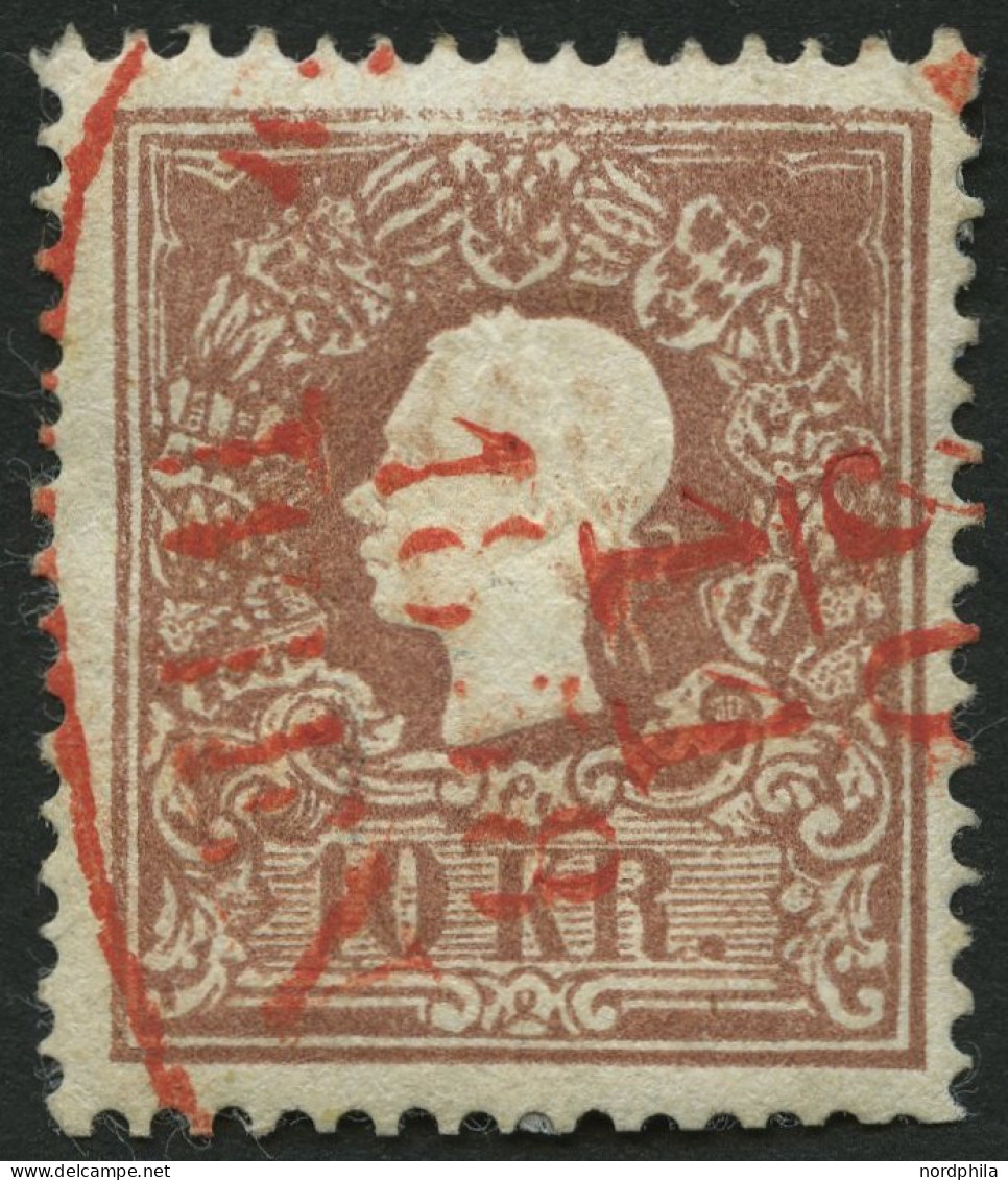 ÖSTERREICH 14I O, 1858, 10 Kr. Braun, Type I, Roter Stempel, Normale Zähnung, Pracht - Autres & Non Classés