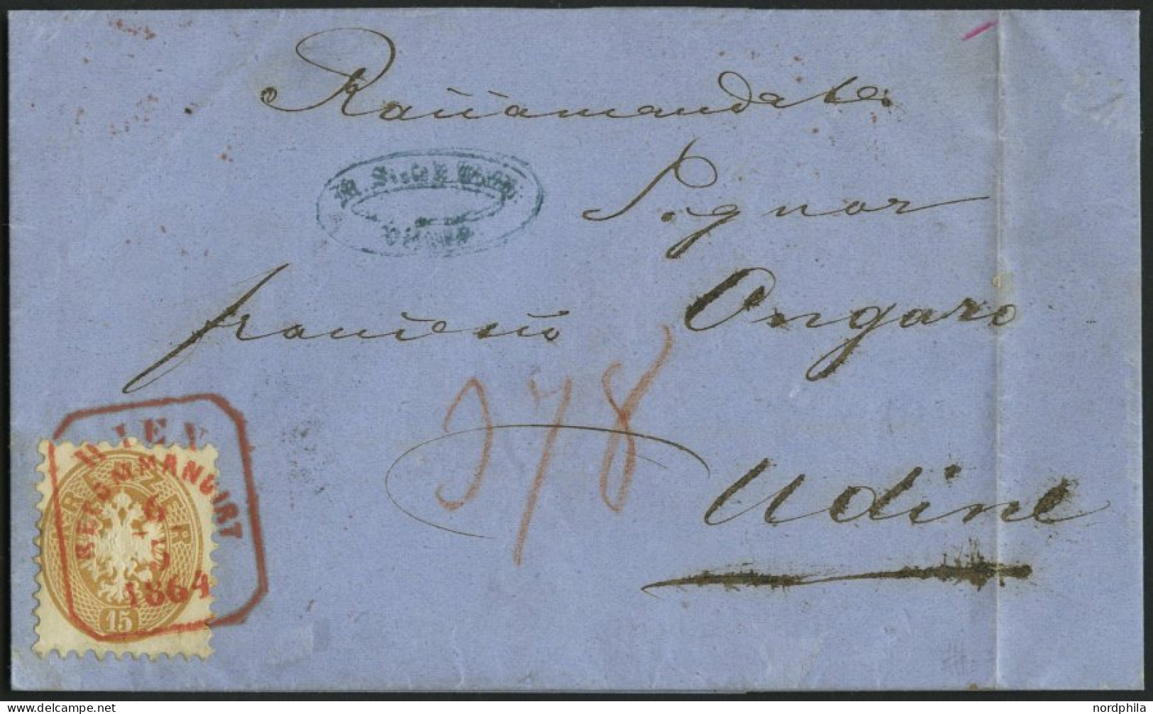 ÖSTERREICH 34 BRIEF, 1864, 15 Kr. Braun Auf Reco-Brief Mit Rotem R5 WIEN RECOMMANDIRT 1864 Nach Udine, Rückseitiges Port - Gebraucht