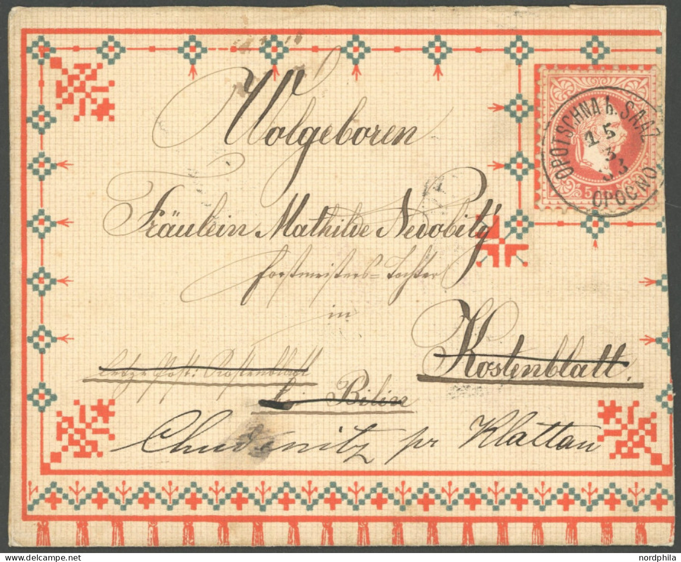 ÖSTERREICH 1867-1918 37 BRIEF, 1883, 5 Kr. Kaiser Franz Josef Auf äußerst Dekorativem, Gedrucktem Zierbrief (rechts Etwa - Other & Unclassified