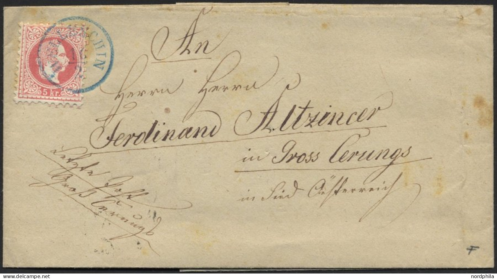 ÖSTERREICH 37II BRIEF, 1878, 5 Kr. Rot, Feiner Druck, Mit Blauem K1 WELLESCHIN Auf Brief Nach Gross Cerungs, Feinst - Gebraucht