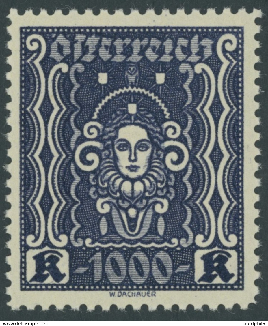 ÖSTERREICH 1918-1938 404B , 1922, 1000 Kr. Schwarzblauviolett, Gezähnt L 111/2, Falzrest, Pracht, Mi. 290.- - Other & Unclassified