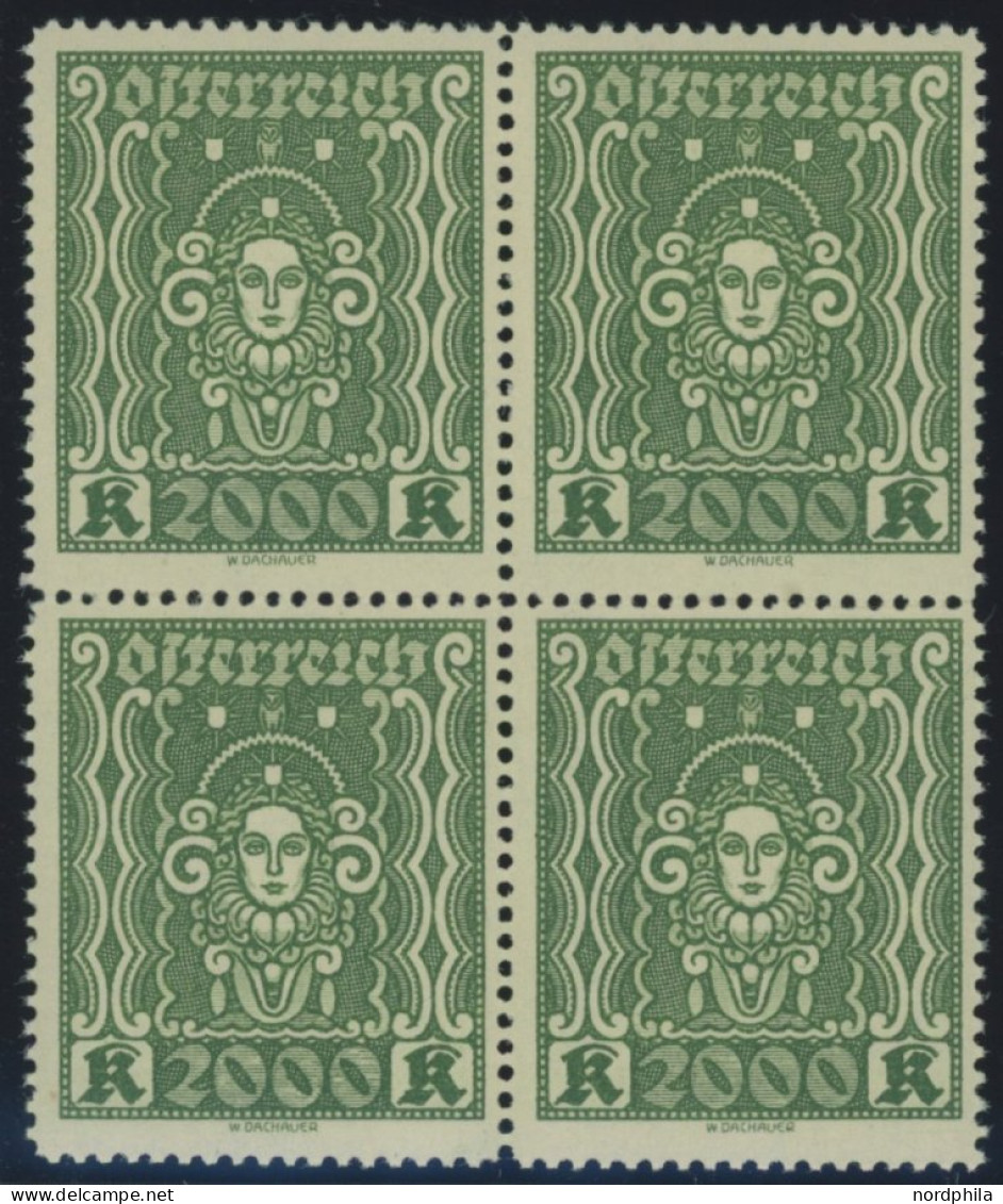 ÖSTERREICH 1918-1938 405AIb VB , 1922, 2000 Kr. Schwarzgelblichgrün, Gezähnt L 121/2, Im Viererblock, Postfrisch, Pracht - Sonstige & Ohne Zuordnung