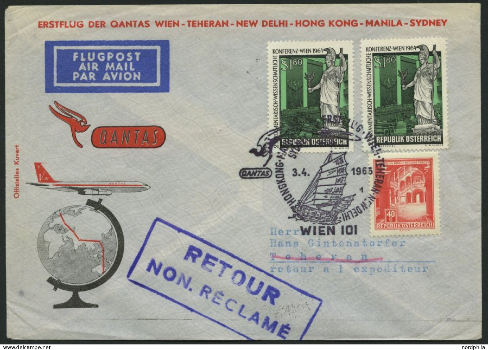 SONDERFLÜGE 3.4.1965, Erstflug WIEN-TEHERAN-N-DELIHI-HONGKONG-MANILA-SYDNEY, Pracht - Autres & Non Classés