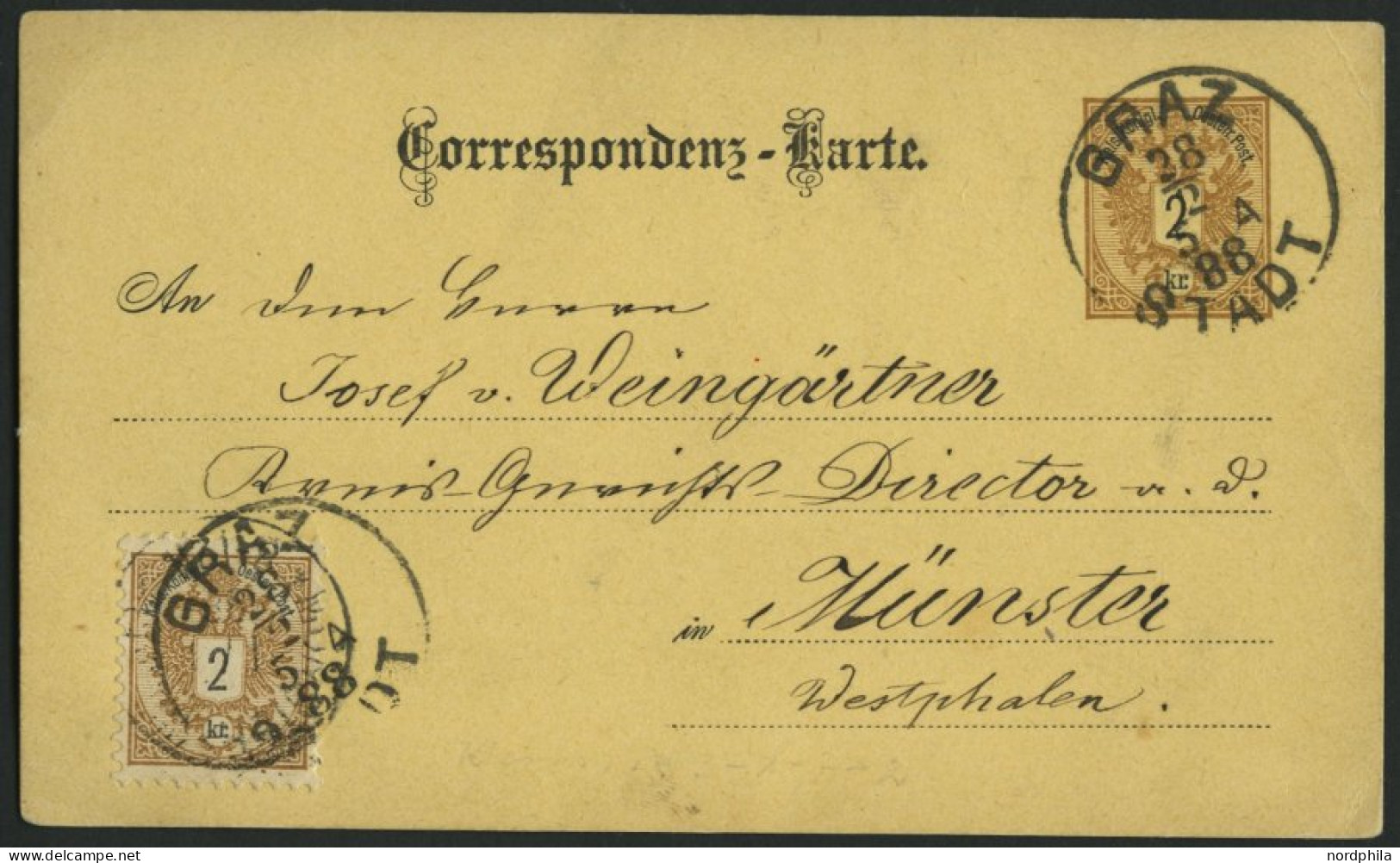 GANZSACHEN P 43,44 BRIEF, 1888, 2 Kr. Braun, Karte (deutsch) Mit Zusatzfrankatur 2 Kr. Doppeladler Von GRAZ STADT Nach M - Sonstige & Ohne Zuordnung