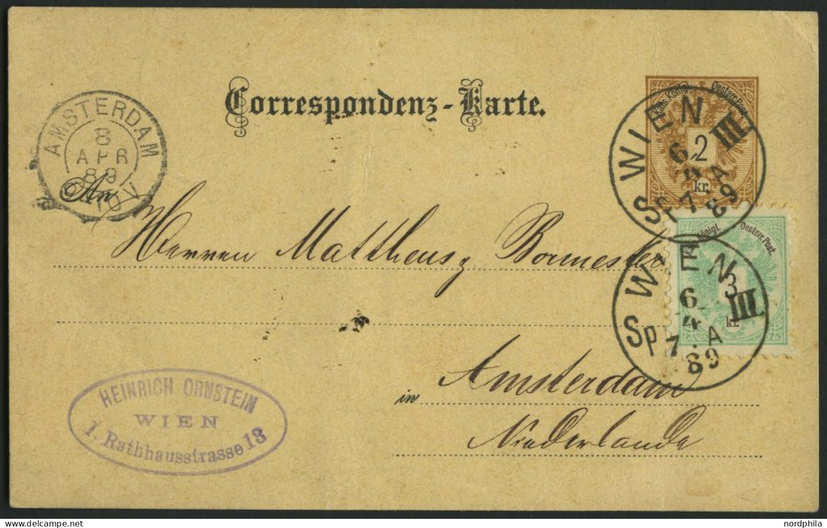 GANZSACHEN P 43,45 BRIEF, 1889, 2 Kr. Braun, Karte (deutsch) Mit Zusatzfrankatur 3 Kr. Doppeladler Von WIEN III Nach Ams - Sonstige & Ohne Zuordnung