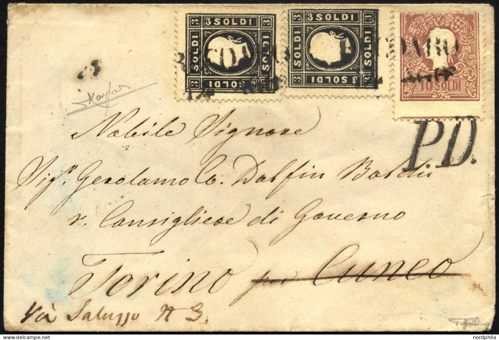 LOMBARDEI UND VENETIEN 7IIa,10II BRIEF, 1858, 3 So. Schwarz Und 10 So. Lilabraun, Type II, Auf Kleinem Brief Von RECOARO - Lombardije-Venetië