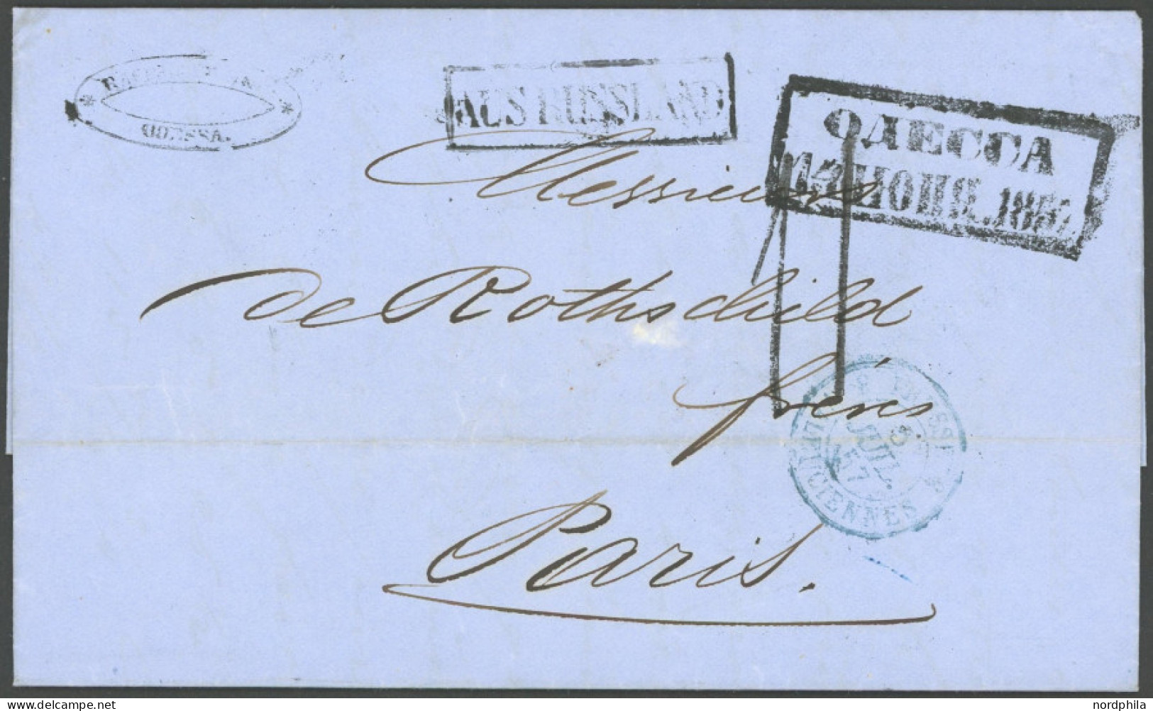 RUSSLAND 1857, R2 ODESSA Und L1 PORTO Auf Kabinettbrief Mit R1 Aus Russland Nach Paris - Sonstige & Ohne Zuordnung