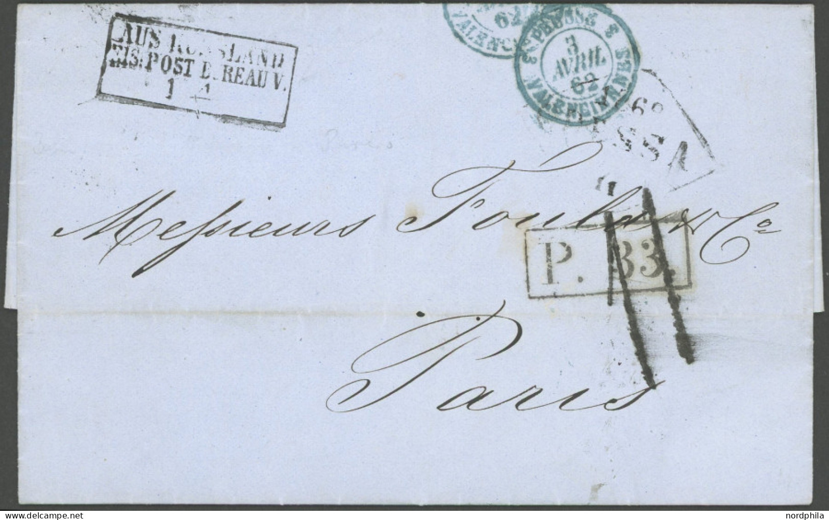 RUSSLAND 1862, Rhombenstempel ODESSA Auf Taxiertem Kabinettbrief Mit R3 AUS RUSSLAND EIS. POST BUREAU V. Und R1 P. 33 Na - Other & Unclassified