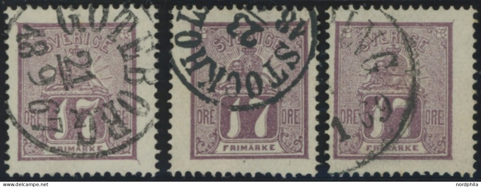 SCHWEDEN 15a O, 1866, 17 Ö. Rotlila, 3 Pracht- Und Kabinettwerte In Nuancen, Mi. 420.- - Autres & Non Classés