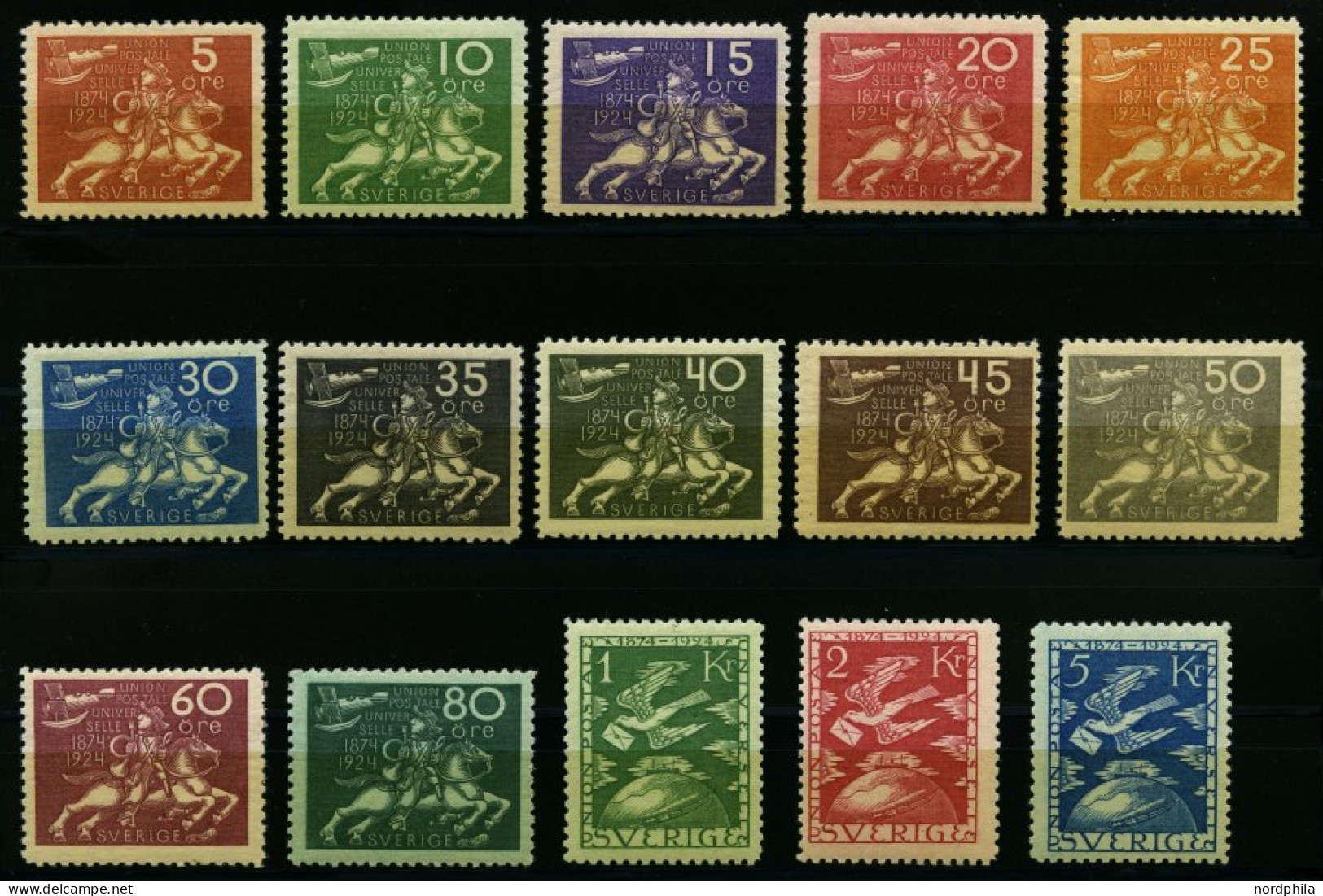 SCHWEDEN 159-73 , 1924, UPU, Falzrest, Prachtsatz, Facit 5500.- Skr. - Oblitérés