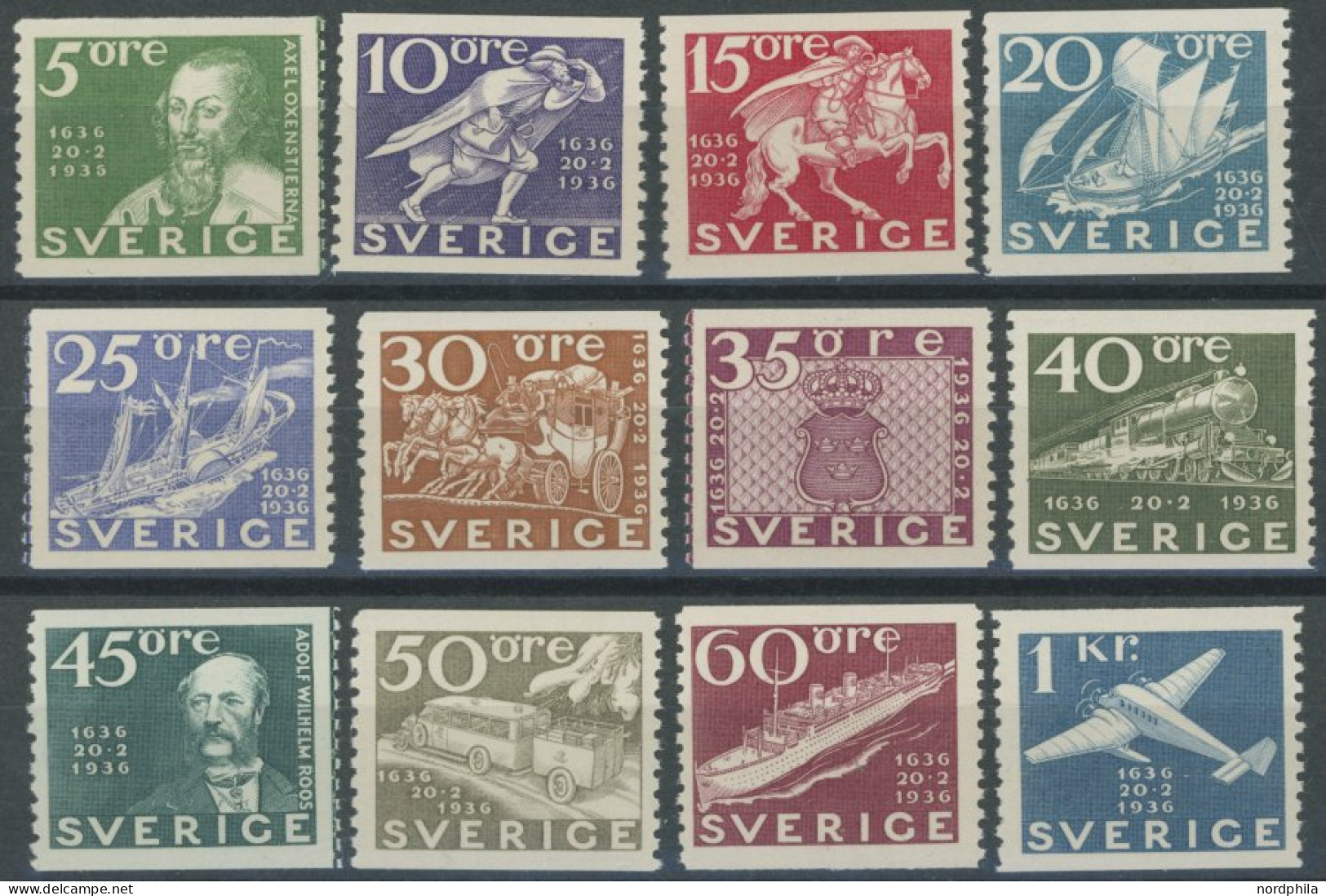 SCHWEDEN 227-38A , 1936, 300 Jahre Post, Prachtsatz (12 Werte) - Other & Unclassified