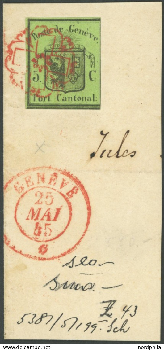 GENF 3 BrfStk, 1845, 5 C. Schwarz Auf Lebhaftgelboliv Kleiner Adler Auf Großem Briefstück, Rechte Randlinie Angeschnitte - 1843-1852 Federal & Cantonal Stamps