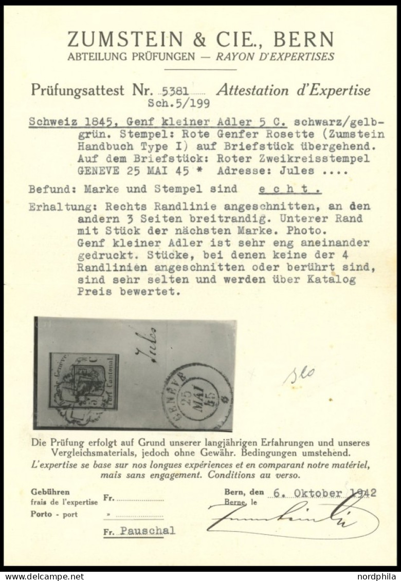 GENF 3 BrfStk, 1845, 5 C. Schwarz Auf Lebhaftgelboliv Kleiner Adler Auf Großem Briefstück, Rechte Randlinie Angeschnitte - 1843-1852 Federale & Kantonnale Postzegels