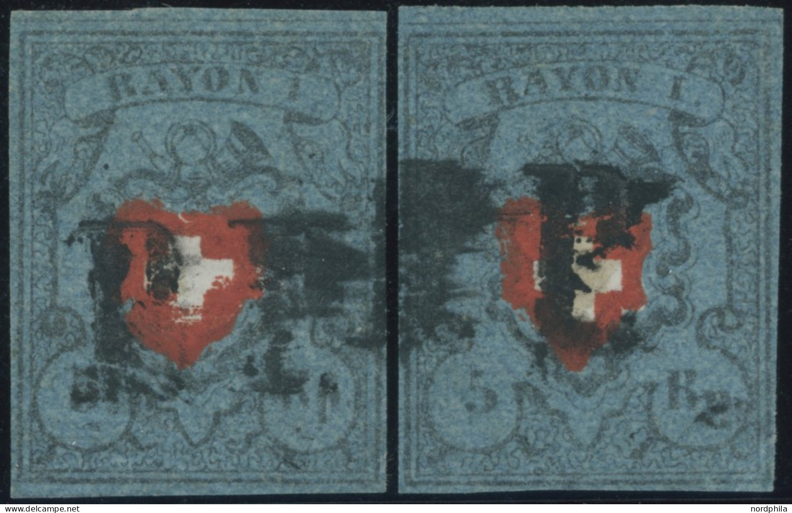 SCHWEIZ BUNDESPOST 7II O, 1850, 5 Rp. Schwarz/zinnoberrot Auf Blau, Ohne Kreuzeinfassung, Type 36 Und 28 Vom Druckstein  - Andere & Zonder Classificatie