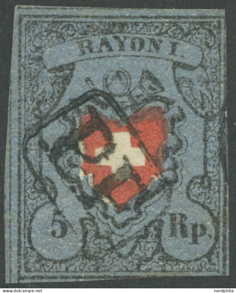 SCHWEIZ BUNDESPOST 7II O, 1850, 5 Rp. Schwarz/zinnoberrot Auf Blau, Ohne Kreuzeinfassung, R1 P.P., Zweiseitig Berührt, M - Other & Unclassified