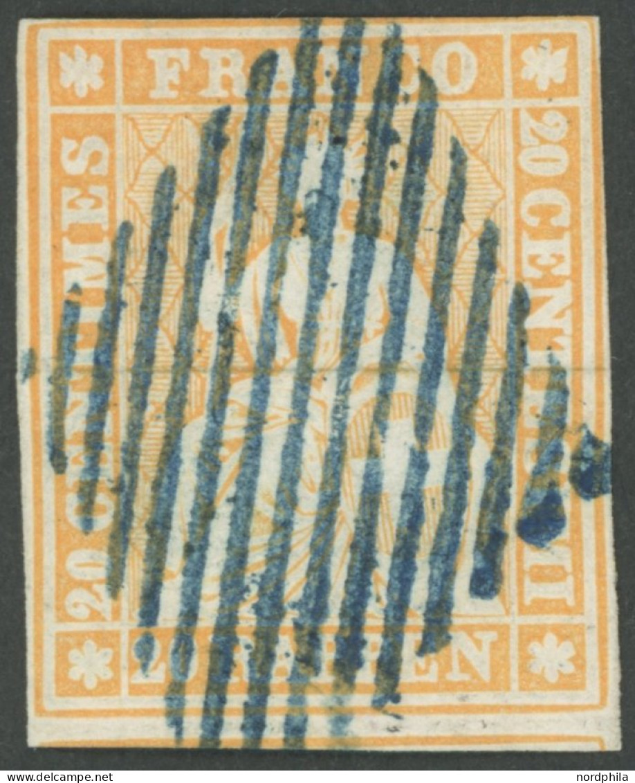 SCHWEIZ BUNDESPOST 16IIAym O, 1854, 20 Rp. Gelborange, Berner Druck I, (Zst. 25B), Mit Zentrischer Blauer Raute, Feinst, - Sonstige & Ohne Zuordnung